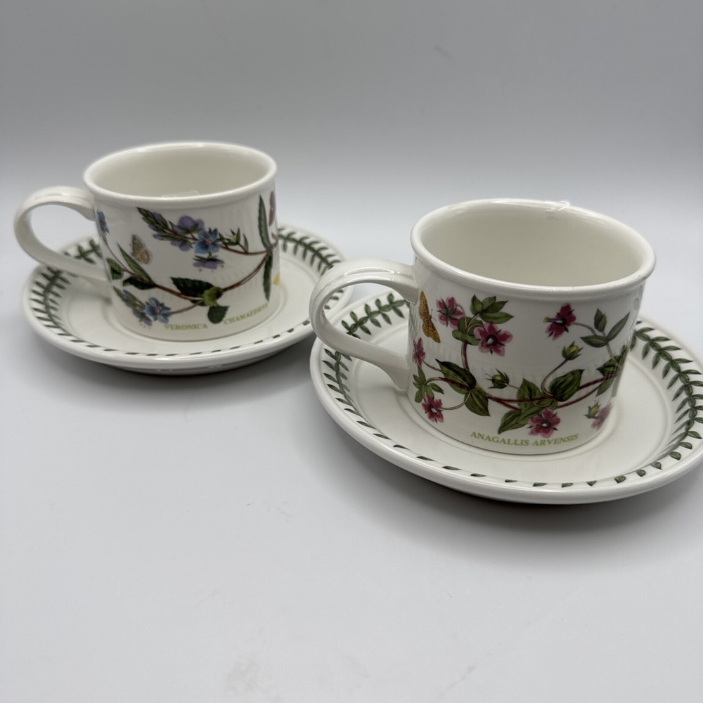 Portmerion Botanic Garden Drum Flat Coffee Cups & Saucers 2 Sets Tea Pimpernel +